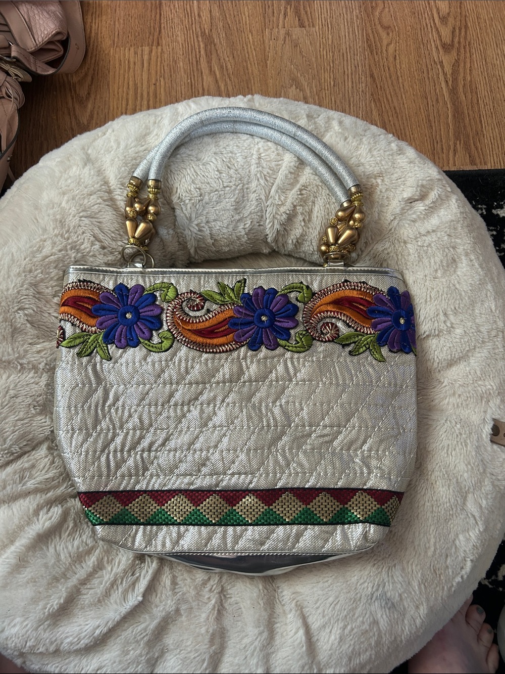 Silver Floral Embroidered Tote Bag with Purple Accents